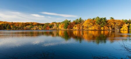 A calm lake surrounded by colorful autumn trees reflecting in the water.