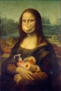 Lady, called the Mona Lisa, wearing a mask and holding sanitizer and toilet paper 